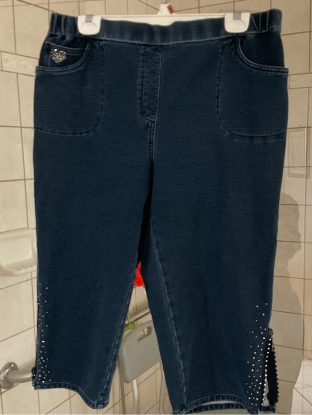 Quacker Factory Dark Blue Cropped Embellished Knit Jeans